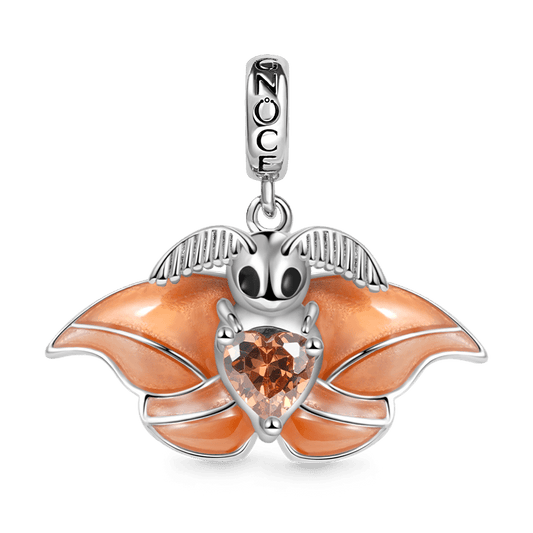 Japanese Silk Moth Embraces Heart Gemstone Charm Bead 925 Sterling Silver with Orange Glitter Enamels_1