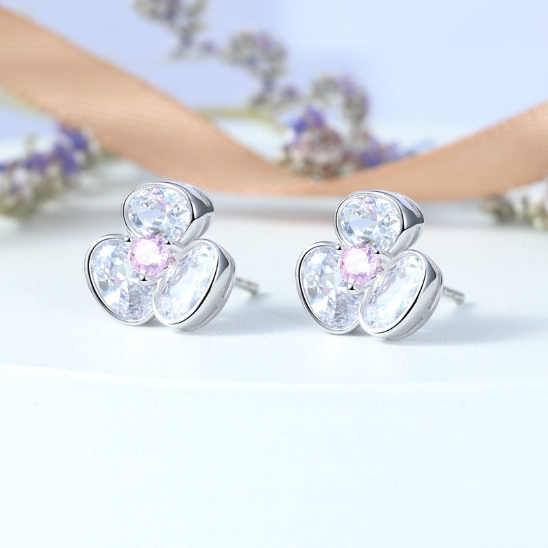 Three-petal Flower Stud Earrings 925 Sterling Silver Inlaid with Clear CZ Stones_2