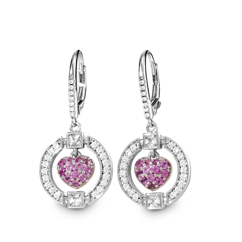 Pink Heart in Circle Dangle Leverback Earrings 925 Sterling Silver Inlaid with Clear CZ Stones_1