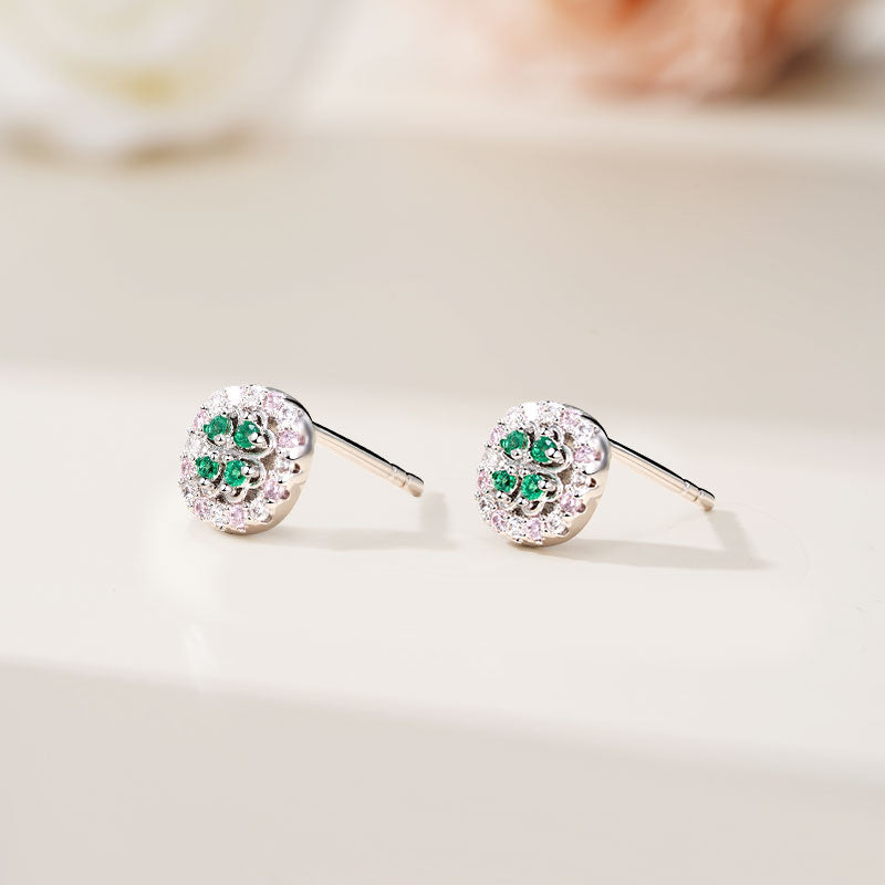 Lucky Clover Stud Earrings 925 Sterling Silver Inlaid with Emerald & Pink CZ Stones_2