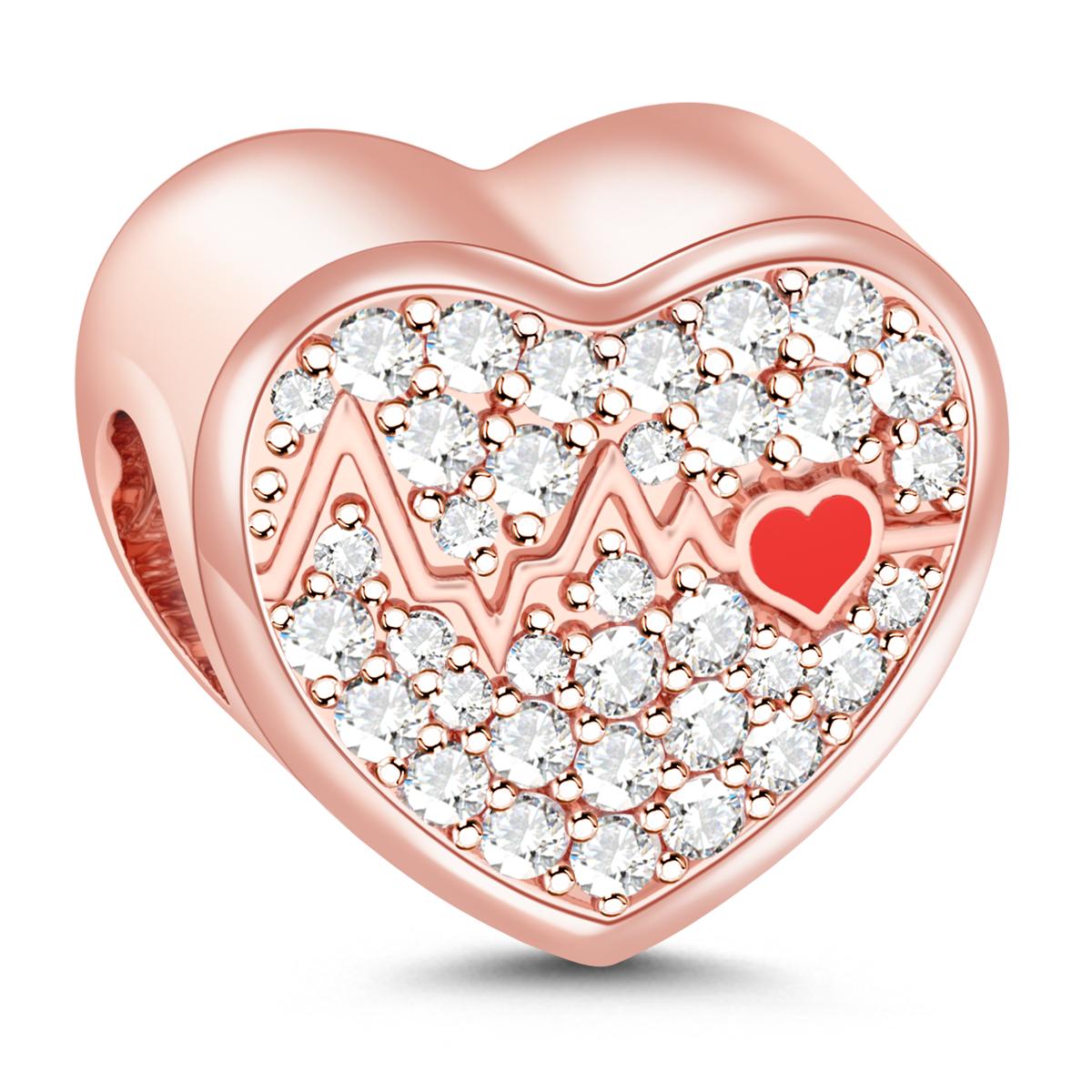 Gnoce "Beating Heart" 925 Sterling Silver 18k Rose Gold Plated with Cubic Zirconia Photo Charm Fit Pandora Bracelet_2