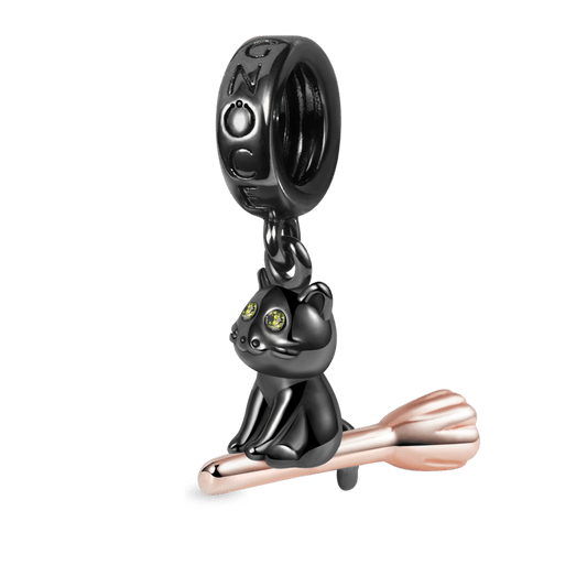 Black Cat Riding Broom Pendant Dangle Charm 925 Sterling Silver Two-tone Plating_1