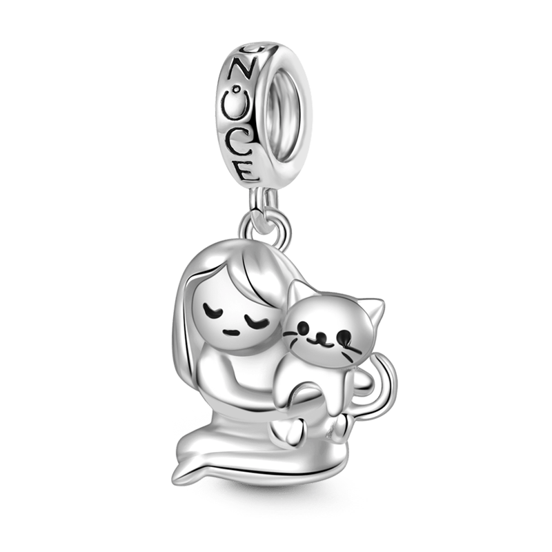 Gnoce "Best Friend" A Lovely Girl Embraces A Cat Pendant Dangle Charm_1