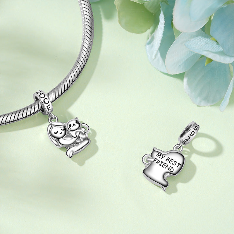 Gnoce "Best Friend" A Lovely Girl Embraces A Cat Pendant Dangle Charm_3