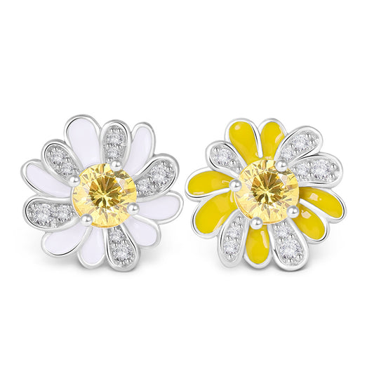 Daisy Flower Earrings Paved Yellow CZ Stones Sterling Silver_1