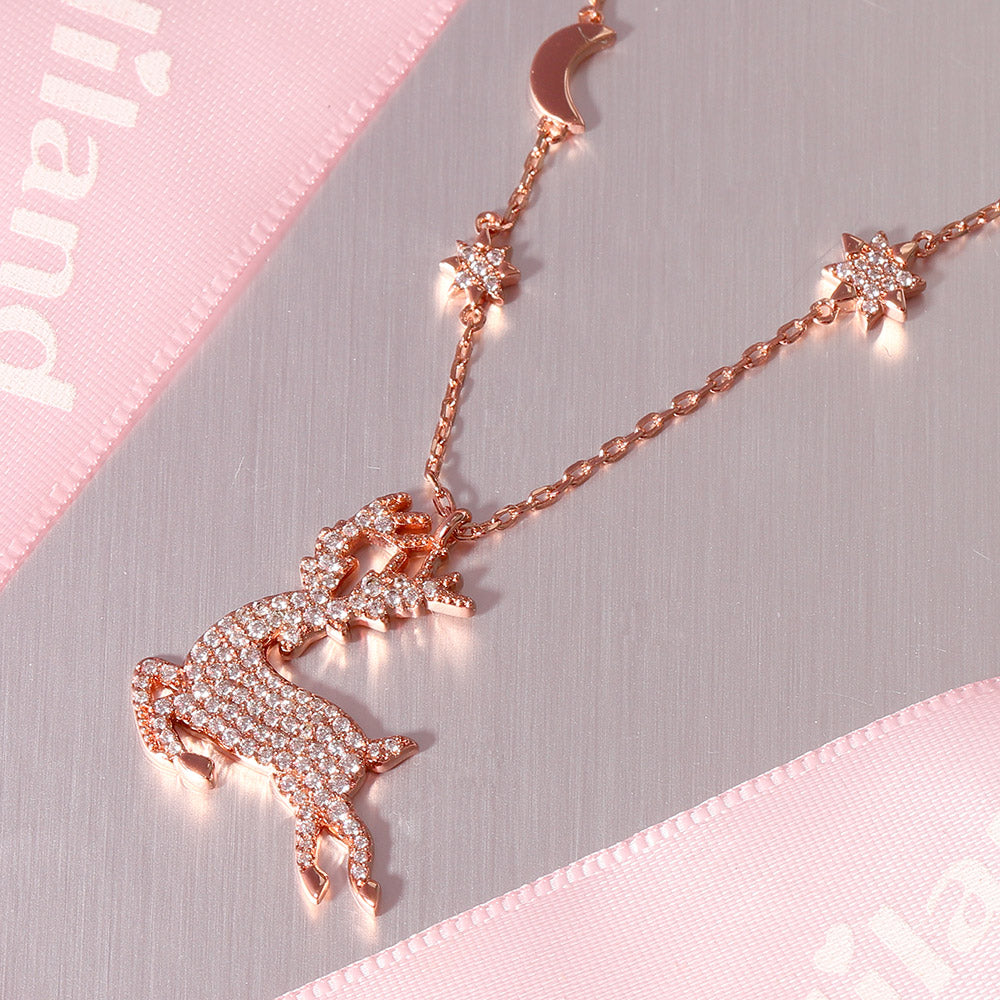 Elk Necklace Sterling Silver 18k Rose Gold Plated Paved with Stones_3