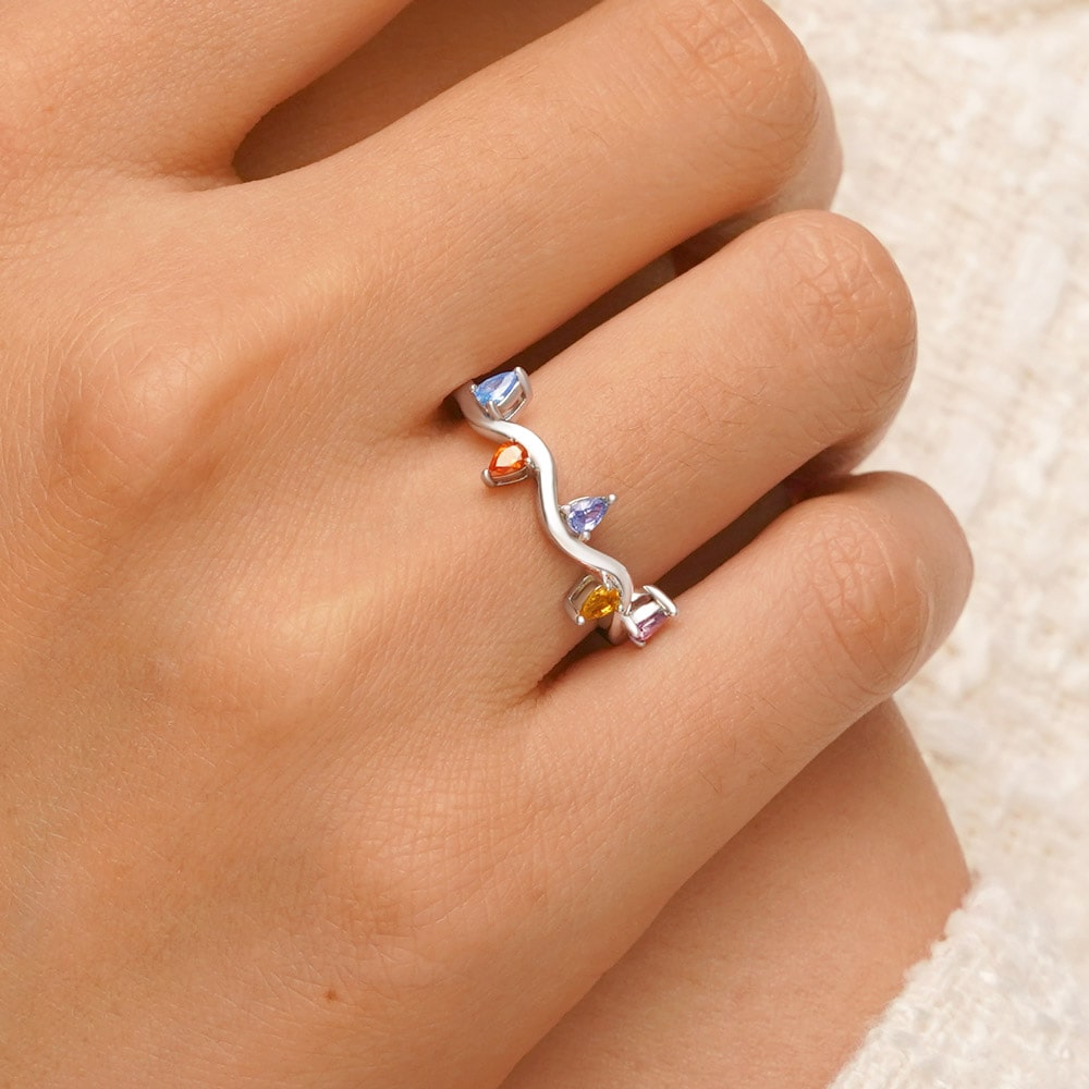 Gnoce Wavy Colorful Diamond Band Ring_5