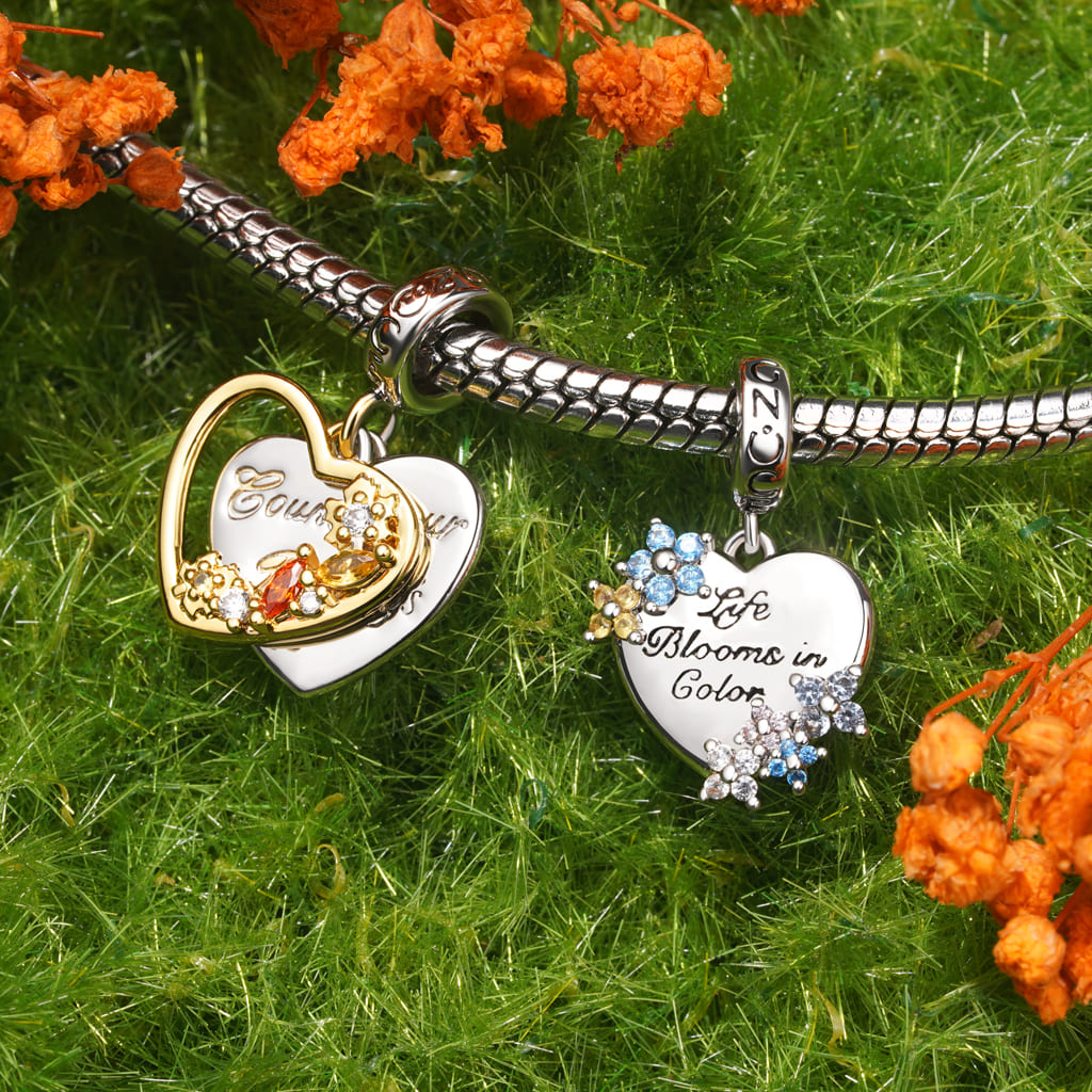 Gnoce Engravable "Life Blooms in Color" Heart Flowers Pendant Dangle Charm_4