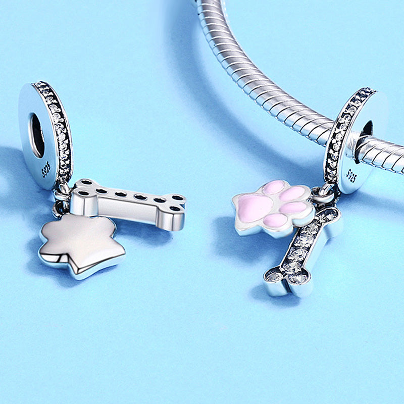 Paw & Bone Pendant Dangle Charm 925 Sterling Silver Inlaid with Crystal Gemstones_2