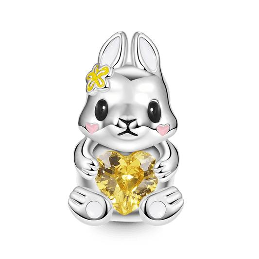 Cute Rabbit Embraces Heart Gemstone Charm Bead 925 Sterling Silver with Yellow & Pink Enamels_1