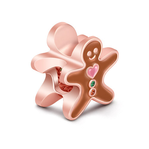 Gnoce "Be Happy" Rose Gold Plated Glossy Brown Surface Gingerbread Man 925 Sterling Silver Bead Charm_2
