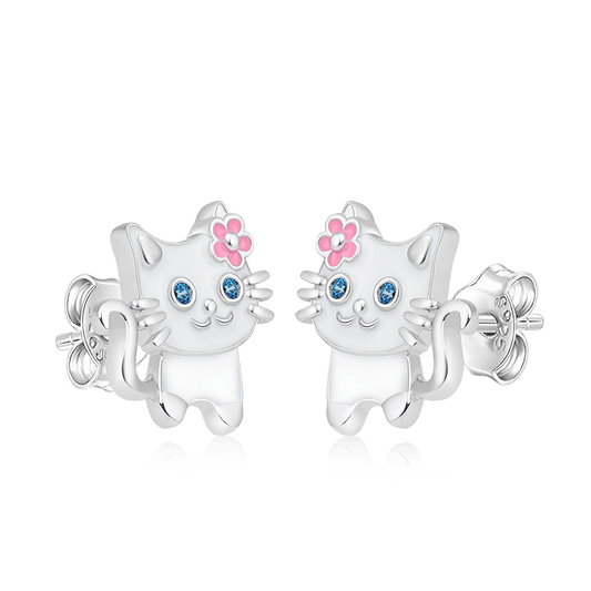 White Cat Wears Flower Stud Earring 925 Sterling Silver_1