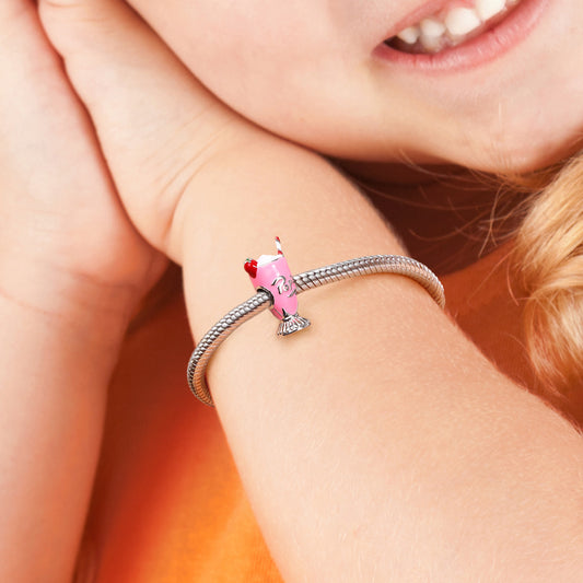 Strawberry Milkshake Charm Sterling Silver Red Enameled Bead fit Bracelet_4