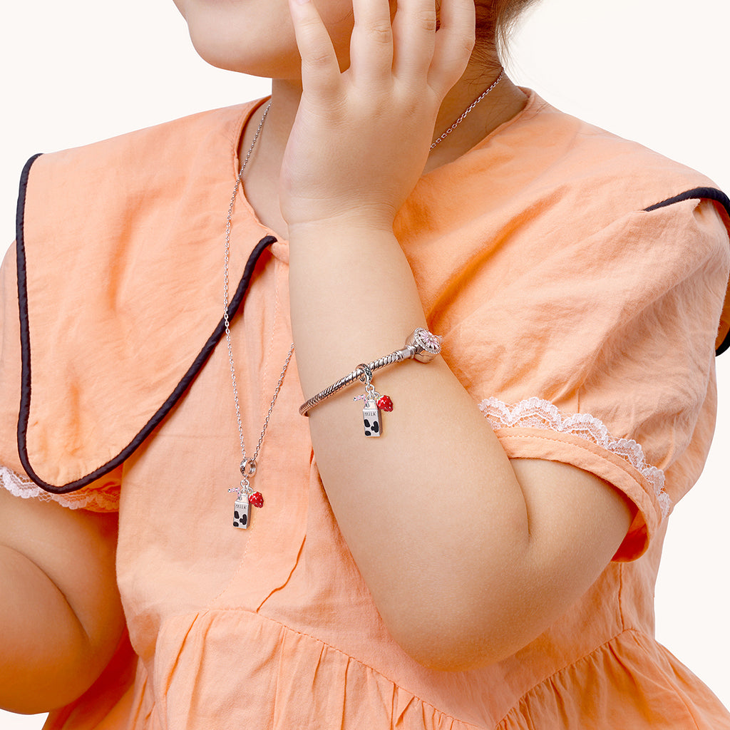 Milk & Strawberry Pendant Dangle Charm 925 Sterling Silver_3