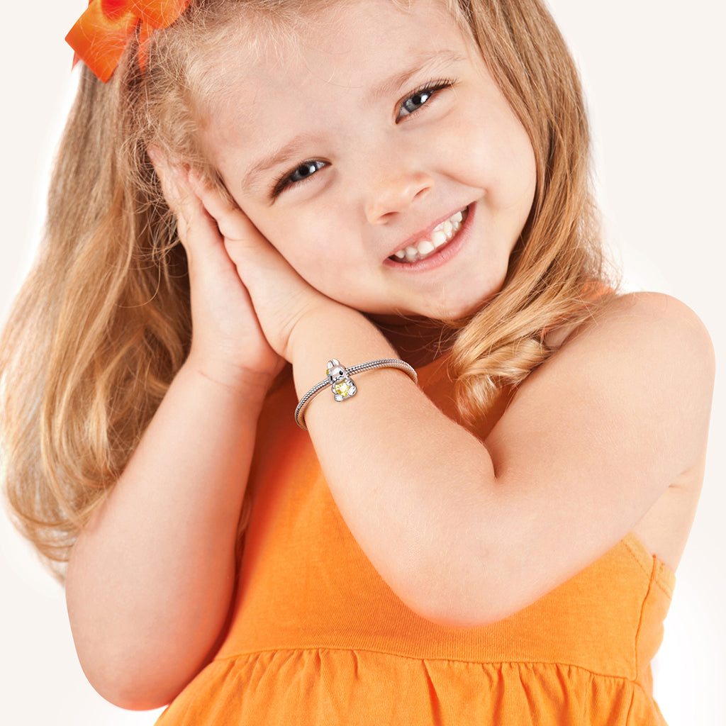 Cute Rabbit Embraces Heart Gemstone Charm Bead 925 Sterling Silver with Yellow & Pink Enamels_5