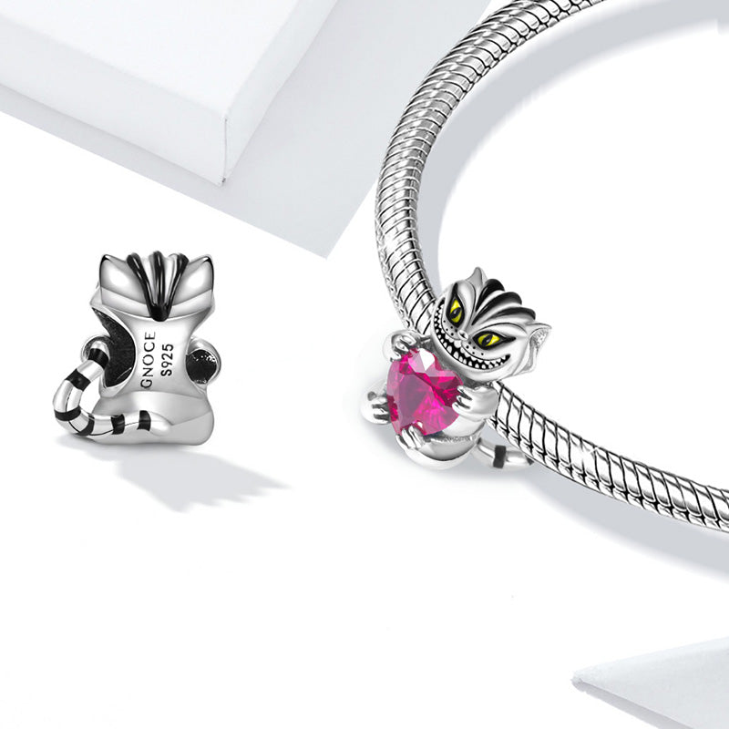 Cheshire Cat Embraces Heart Gemstone Charm Bead 925 Sterling Silver Black Plated_3