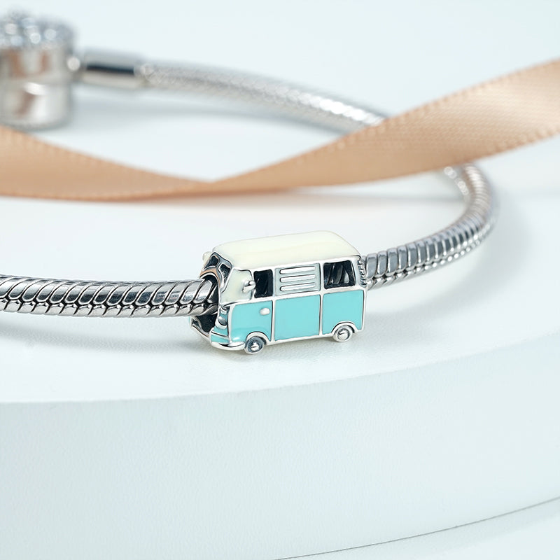 Mini Bus Charm Bead 925 Sterling Silver with Off-white & Light Blue Enamels_2
