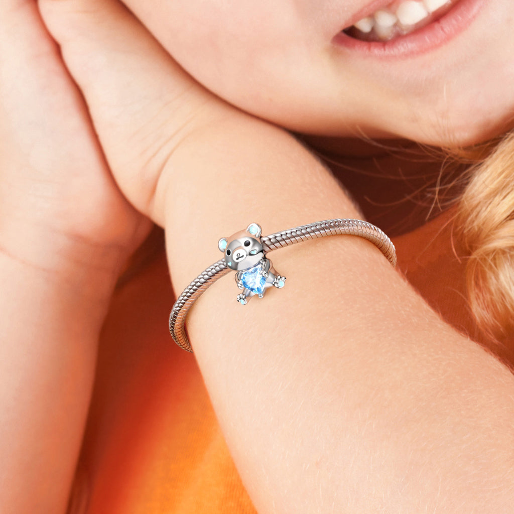 Polar Bear Embraces Heart Gemstone Charm Bead 925 Sterling Silver_4