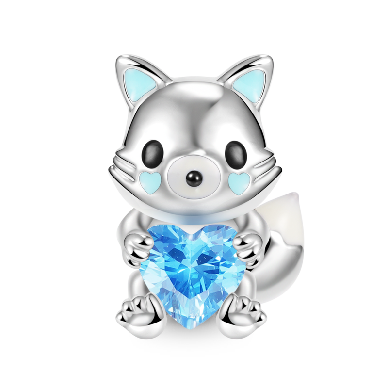 Arctic Fox Embraces Heart Gemstone Charm Bead 925 Sterling Silver_1