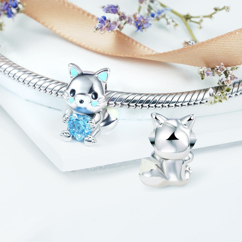 Arctic Fox Embraces Heart Gemstone Charm Bead 925 Sterling Silver_2