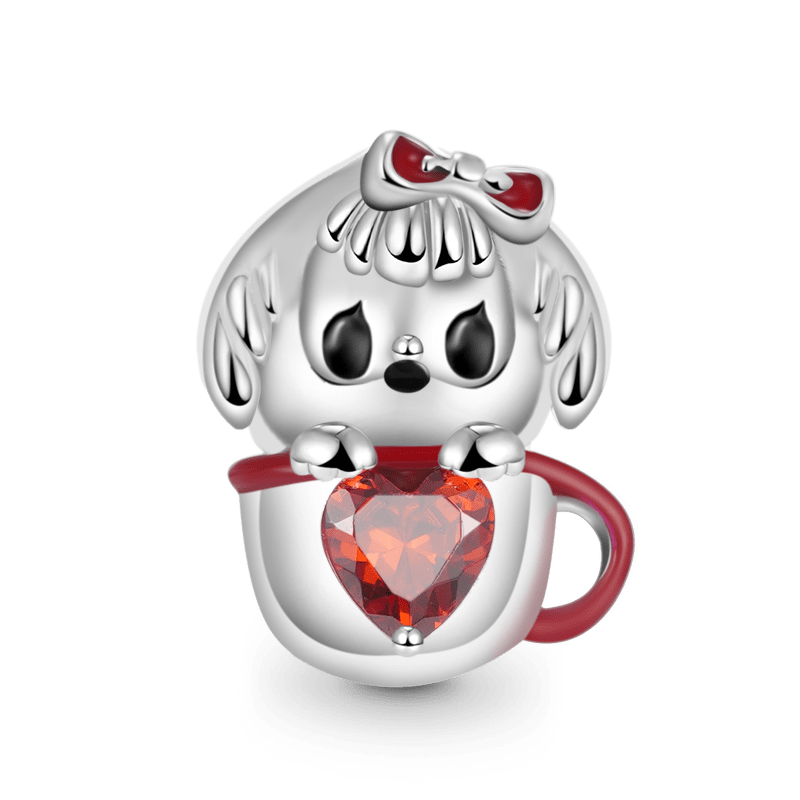 Cute Teacup Dog Embraces Heart Gemstone Charm Bead 925 Sterling Silver_1
