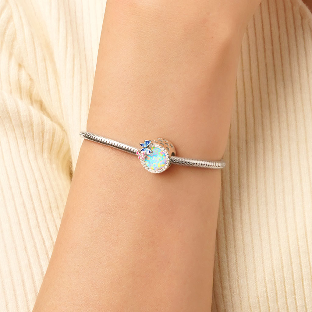 Flying Butterflies Charm Bead 925 Sterling Silver Inlaid with Natural Opal Gemstone_4