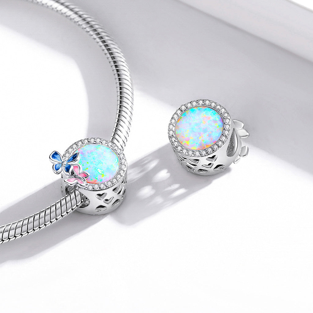 Flying Butterflies Charm Bead 925 Sterling Silver Inlaid with Natural Opal Gemstone_2