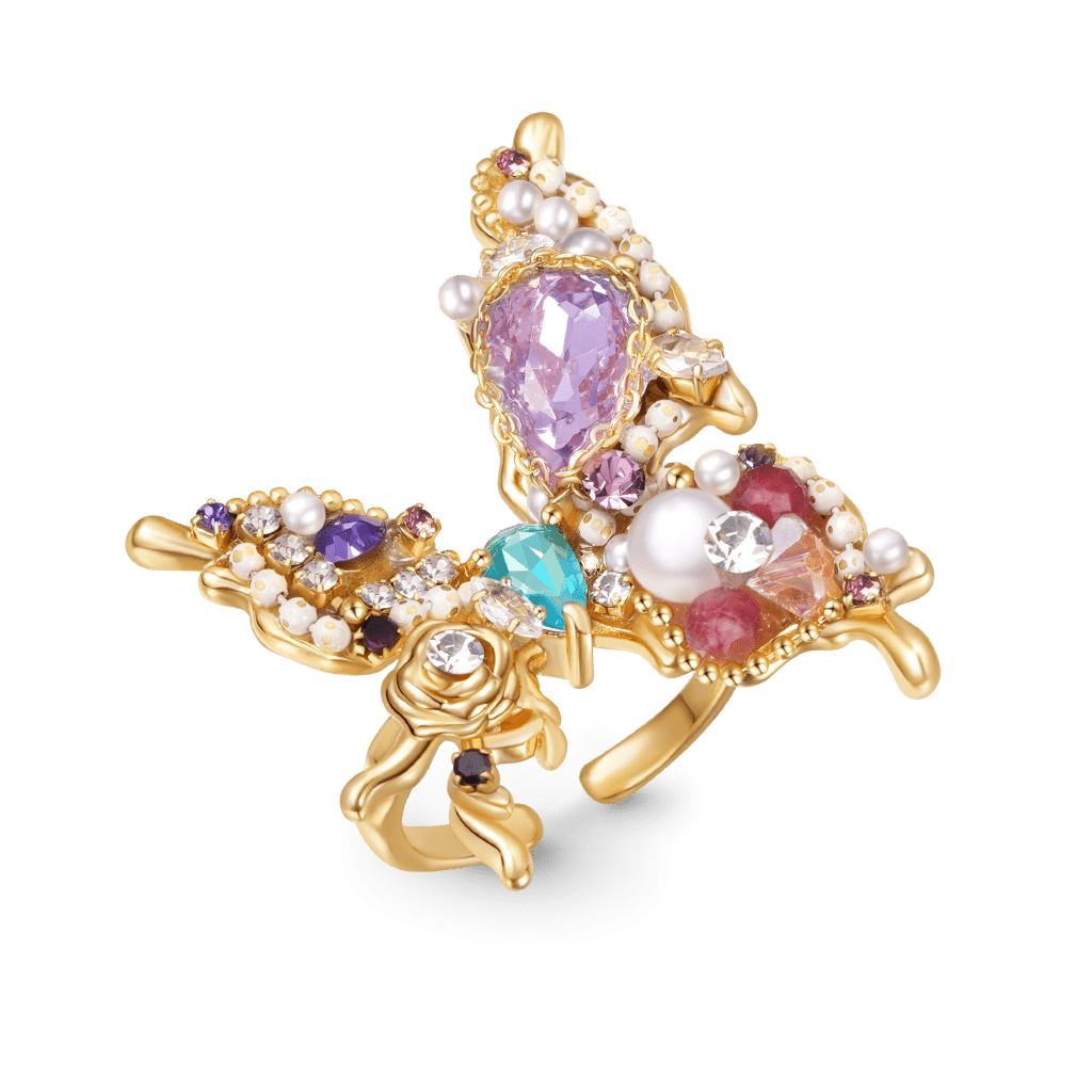 Gnoce Multi-Gemstone Pearl Butterfly Open Ring_1