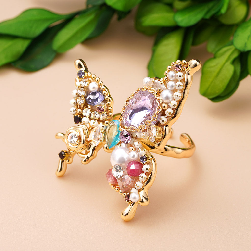 Gnoce Multi-Gemstone Pearl Butterfly Open Ring_2