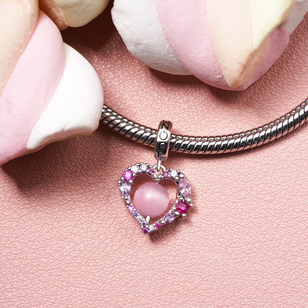 Gnoce Cat's Eye Round Bead Heart Valentine's Day Pendant Dangle Charm_3