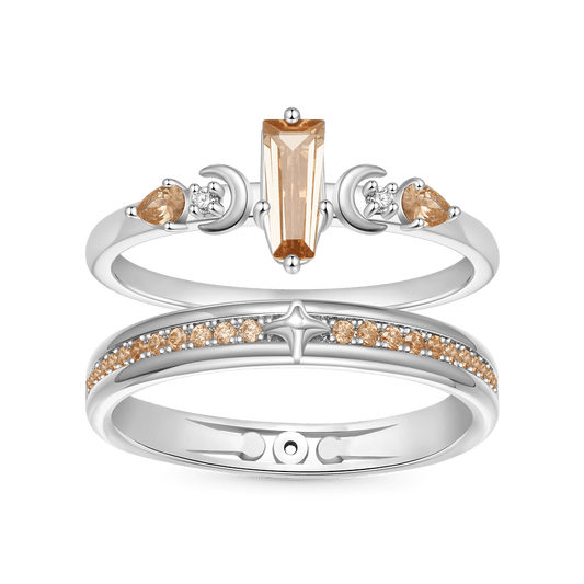 Gnoce Trapezoidal-cut Citrine with Channeled Pave Couple Rings_1