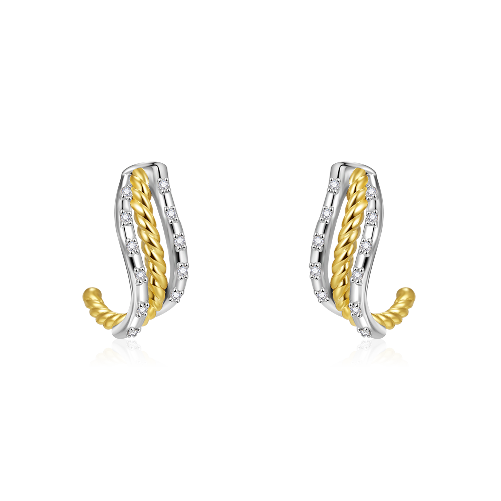 Gnoce Twisted Shape Two Tone Paved C-hoop Stud Earrings_1