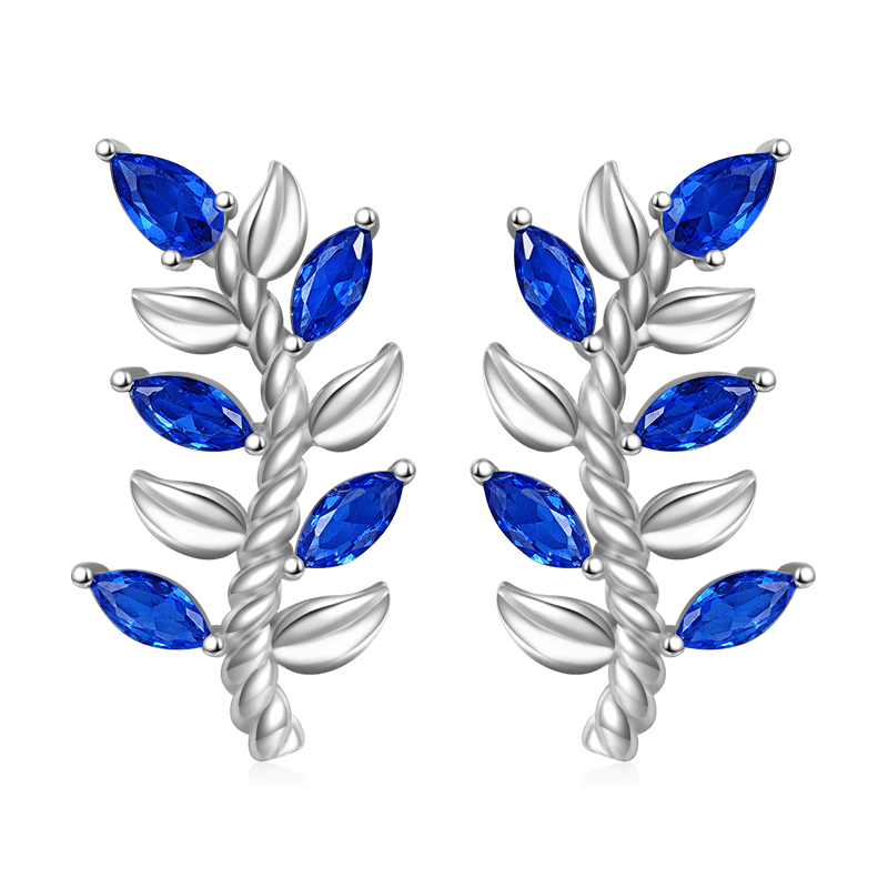 Gnoce Leaf & Stem Blue Gems Stud Earrings_1