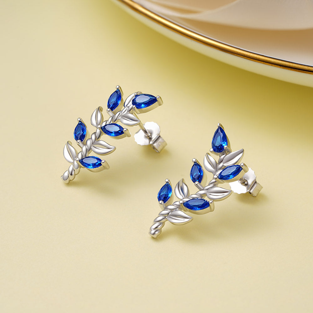 Gnoce Leaf & Stem Blue Gems Stud Earrings_3