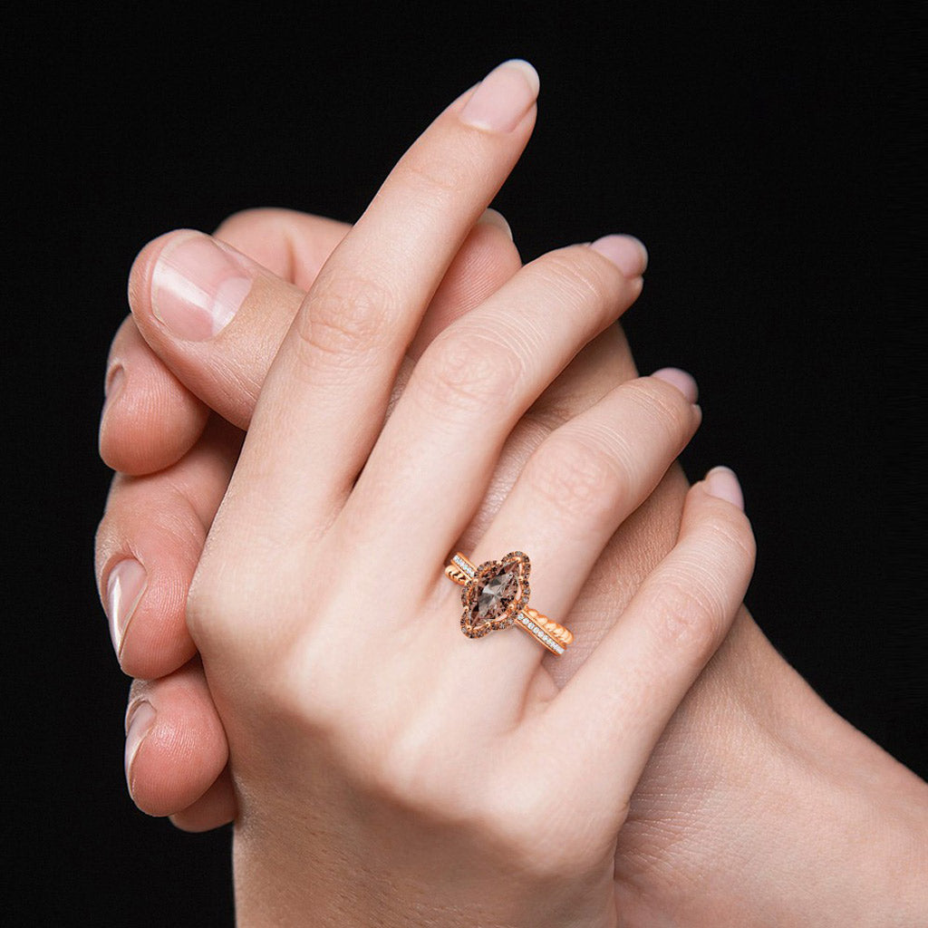 Gnoce Vintage Brown Marquise-Cut Halo Engagement Ring 18K Rose Gold Plating_6