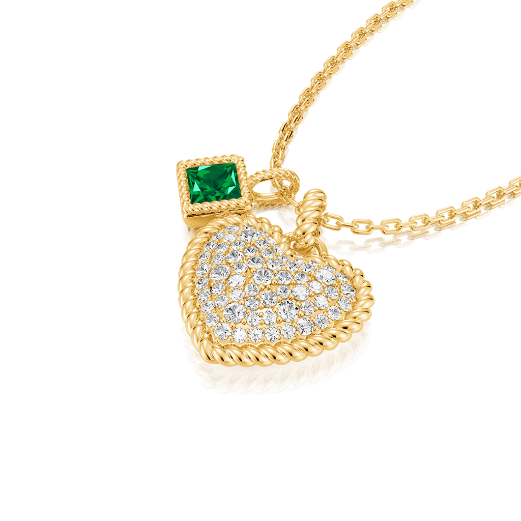 Gnoce Paved Heart & Emerald Princess Gemstone Twisted Rope Pendants Necklace_2