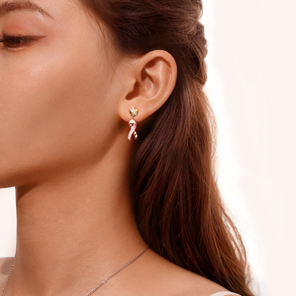 Gnoce Love Heart & Ribbon Symbol Breast Cancer Awareness Drop Earrings_3