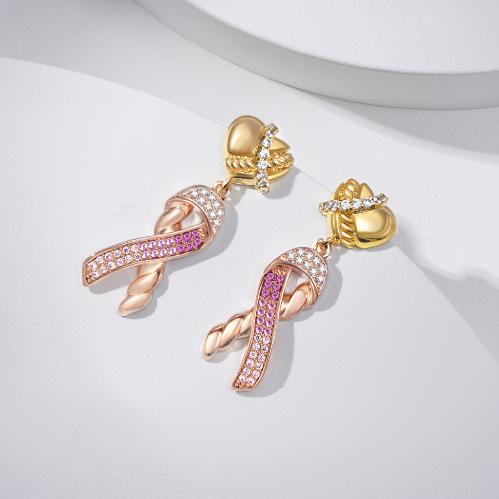 Gnoce Love Heart & Ribbon Symbol Breast Cancer Awareness Drop Earrings_2