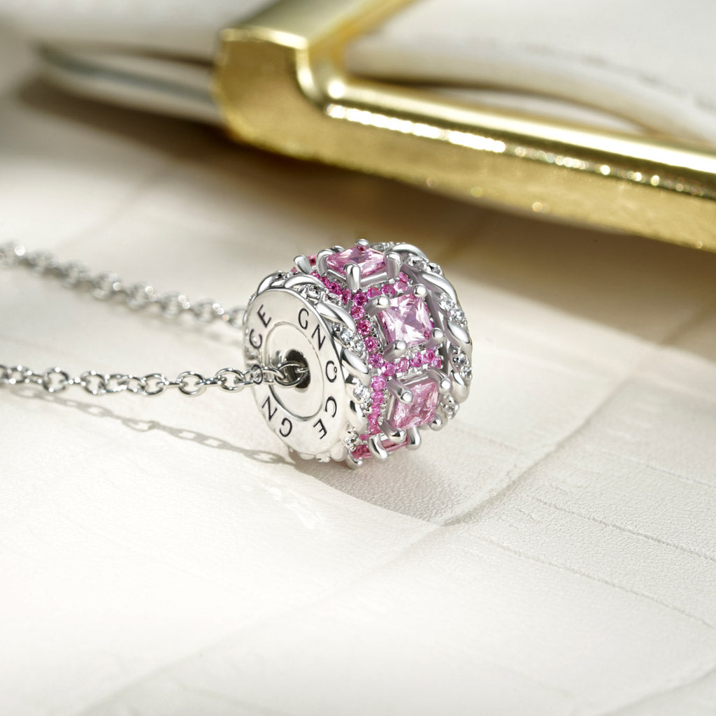 Gnoce Pink Stones Twisted Rope Drum Pendant Necklace_3