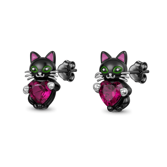 Gnoce Black Cat Embrace Heart Stud Earrings_1
