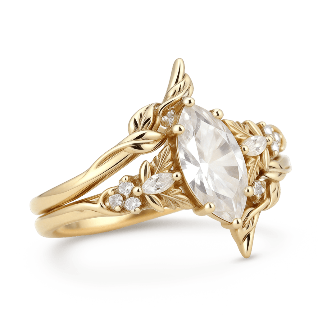Gnoce Nature-Inspired Leaf & Vine Marquise-cut Engagement Ring Set_5