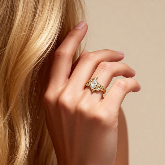 Gnoce Nature-Inspired Leaf & Vine Marquise-cut Engagement Ring Set_2