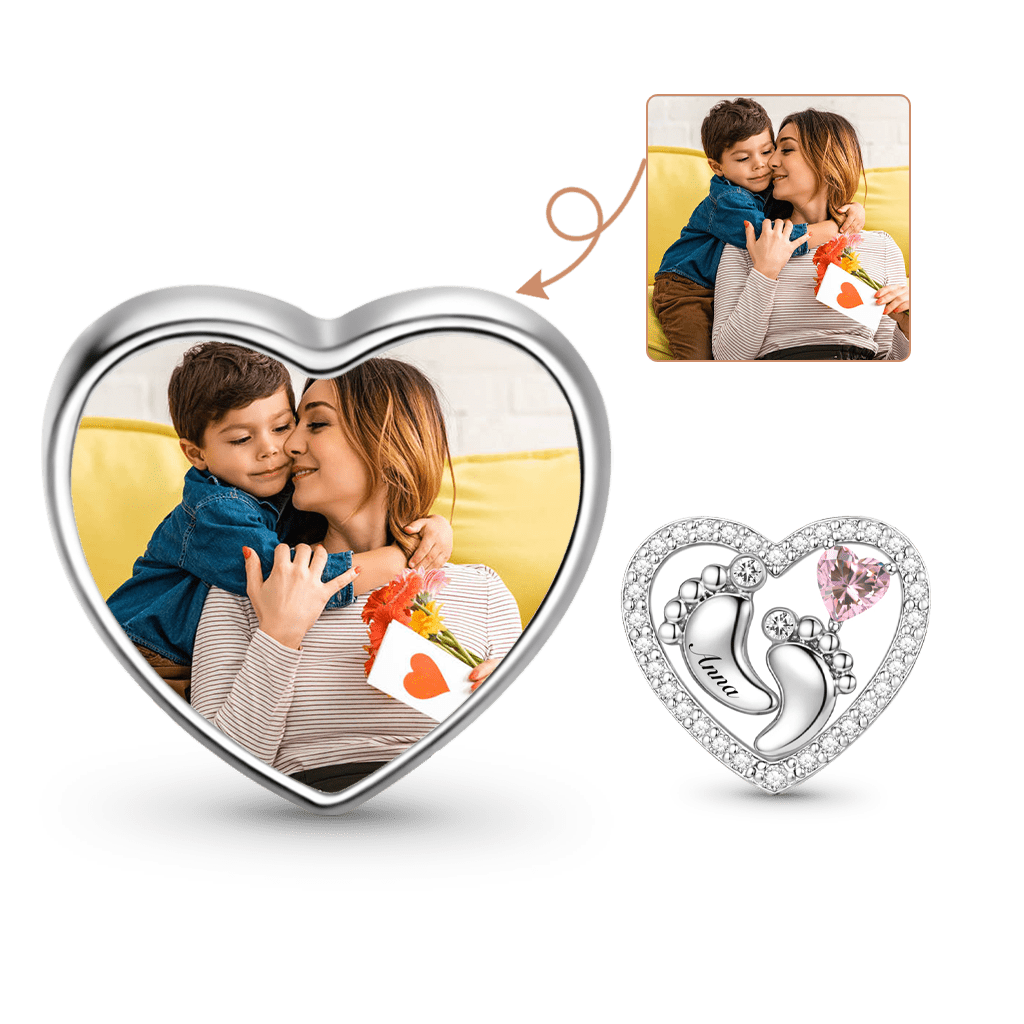 Gnoce Mother's Day Footprint Customized Birthstone Heart Charm_1