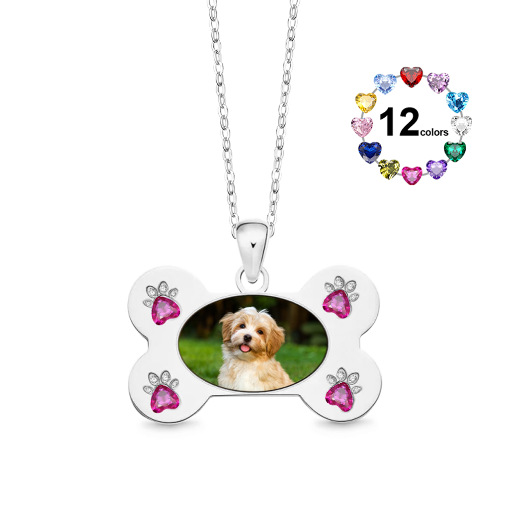 Gnoce Custom Dog Bone Photo Necklace with Paw Birthstone_1
