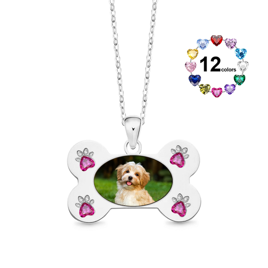 Gnoce Custom Dog Bone Photo Necklace with Paw Birthstone_1