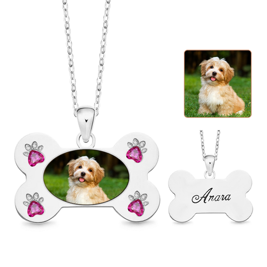 Gnoce Custom Dog Bone Photo Necklace with Paw Birthstone_2