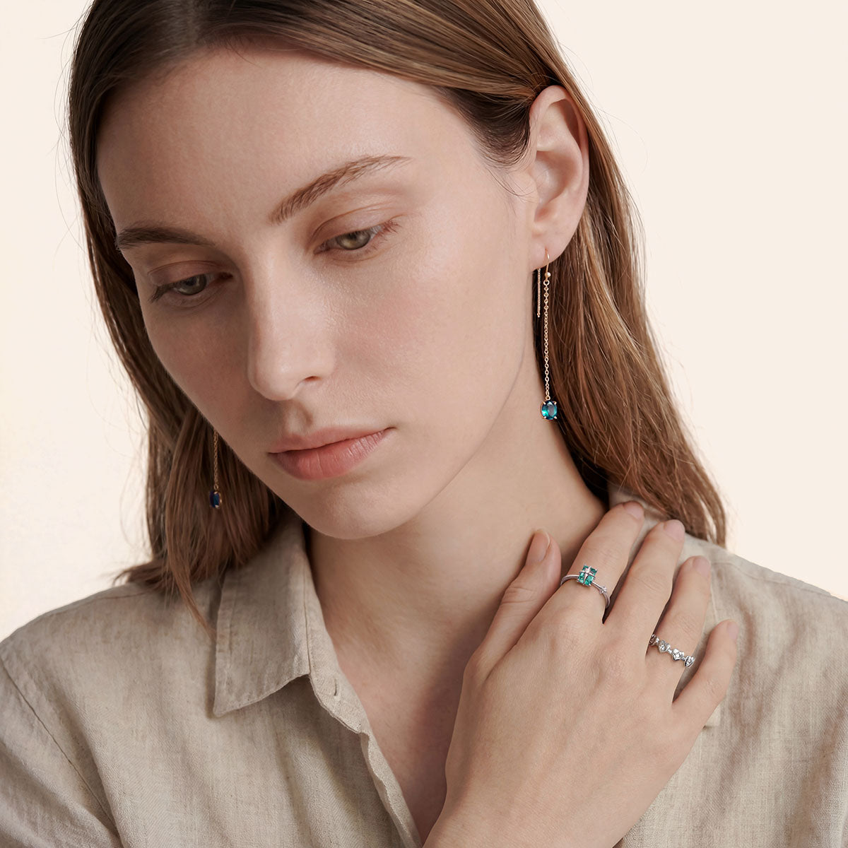 Gnoce Starburst Green Square Crystal Solitaire and Heart Ring Set_3