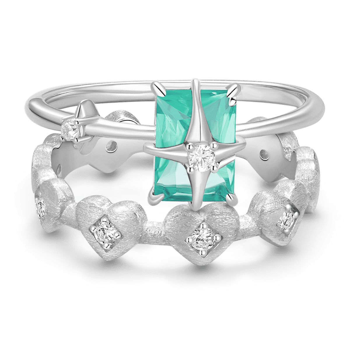 Gnoce Starburst Green Square Crystal Solitaire and Heart Ring Set_1