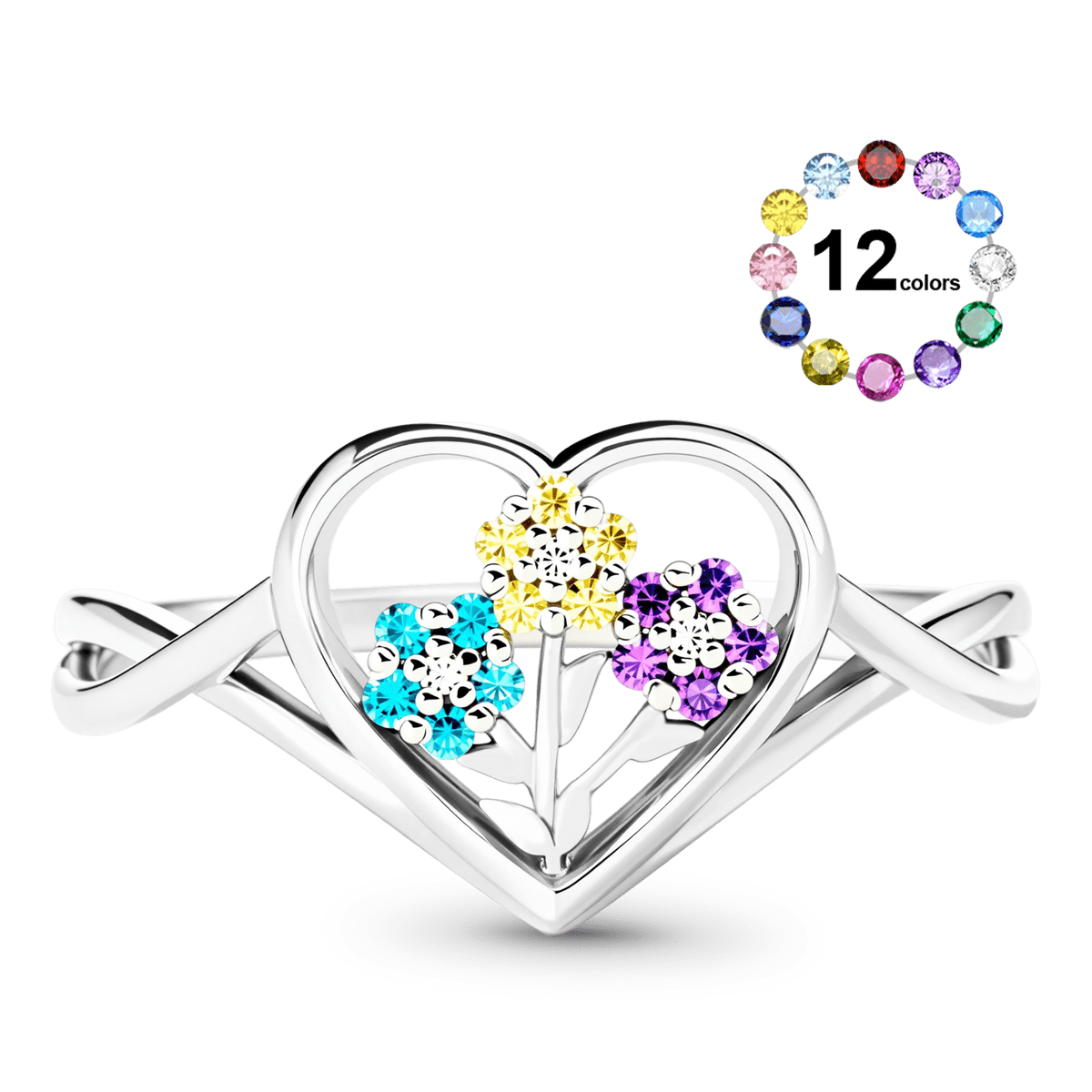 Gnoce Birthstones Flower Heart Ring Personalized Family Jewelry_1