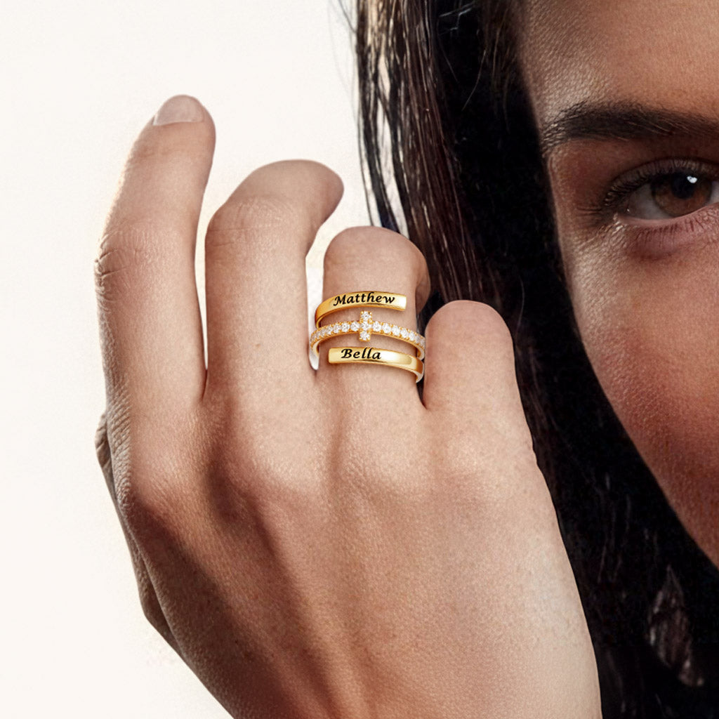 Gnoce Engraving Names Cross Ring Personalized Birthstone Gold Jewelry_2